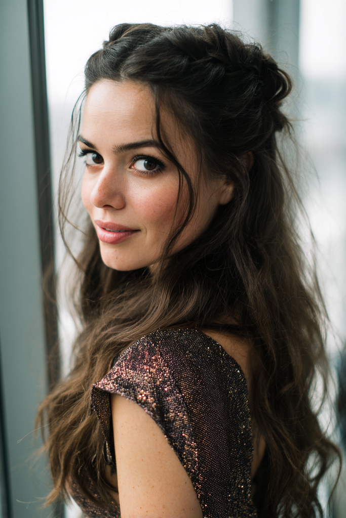 A woman with long dark wavy hair styled in a braided half up crown with soft strands framing her face.
