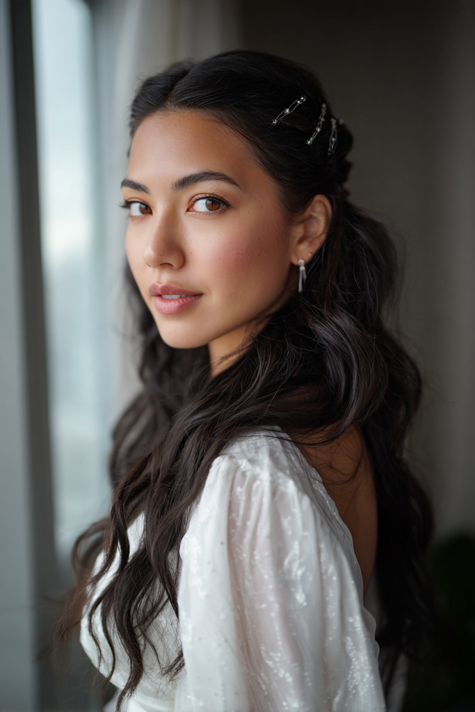 A woman with long dark wavy hair styled in a side swept half updo with three silver hair clips.