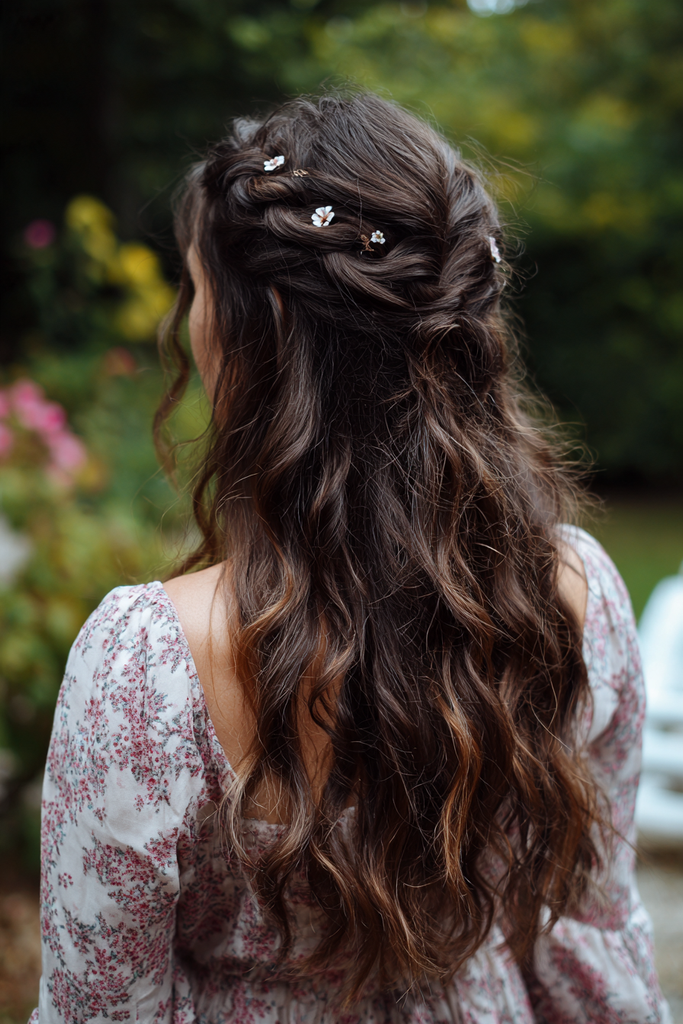 Long, wavy brown hair styled in a half updo with delicate twists and scattered tiny white flowers.