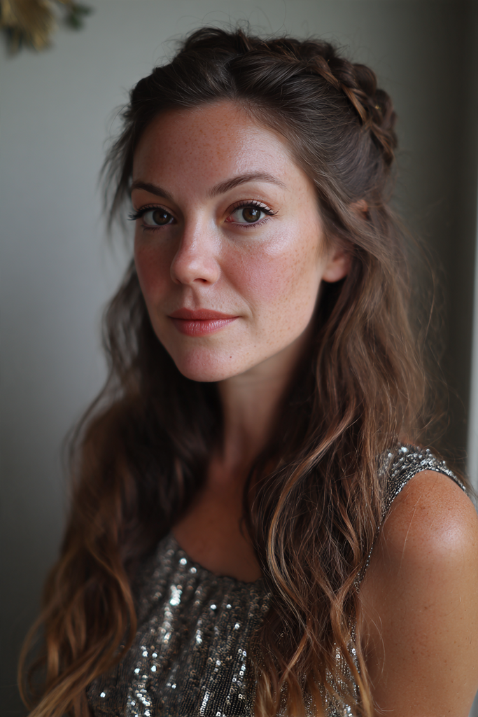 A woman with long wavy brunette hair wearing a soft braided crown half updo.