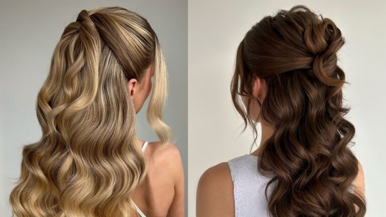 18 Glamorous Half Up Party Hairstyles for Women Side-by-side comparison showing a long blonde half-up style with voluminous glam waves and a face-framing strand on the left and a rich chocolate brown half-up hairstyle gathered in a twisted knot with defined curls on the right.