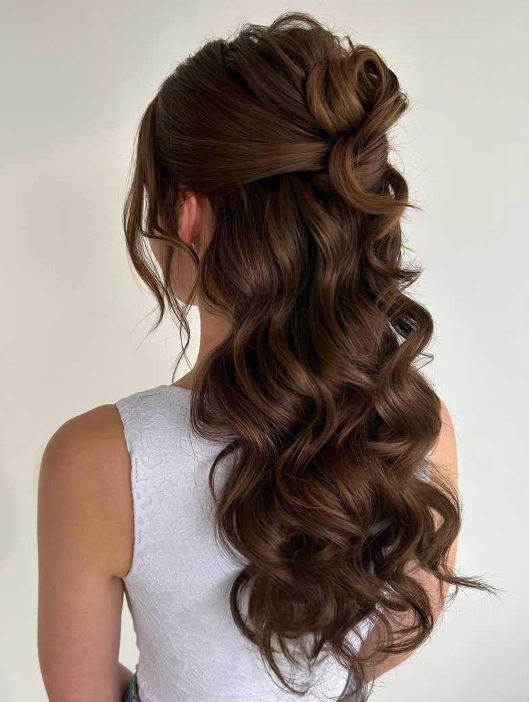 Long brunette hair styled in a half up bun with voluminous ribbon curls falling down the back.