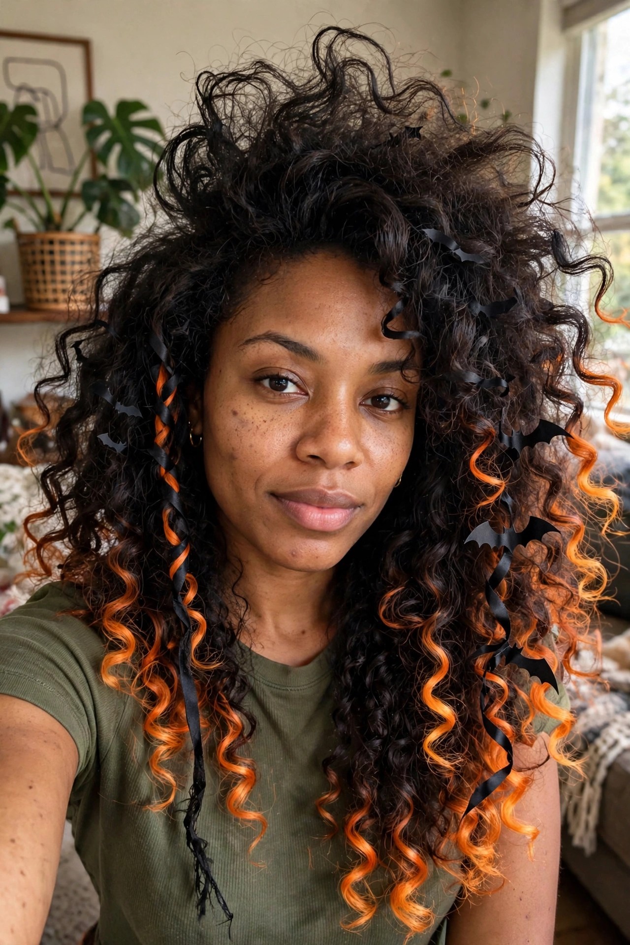 Voluminous curly hairstyle with dark roots, bright orange ends, black ribbons, and scattered black bat clips.