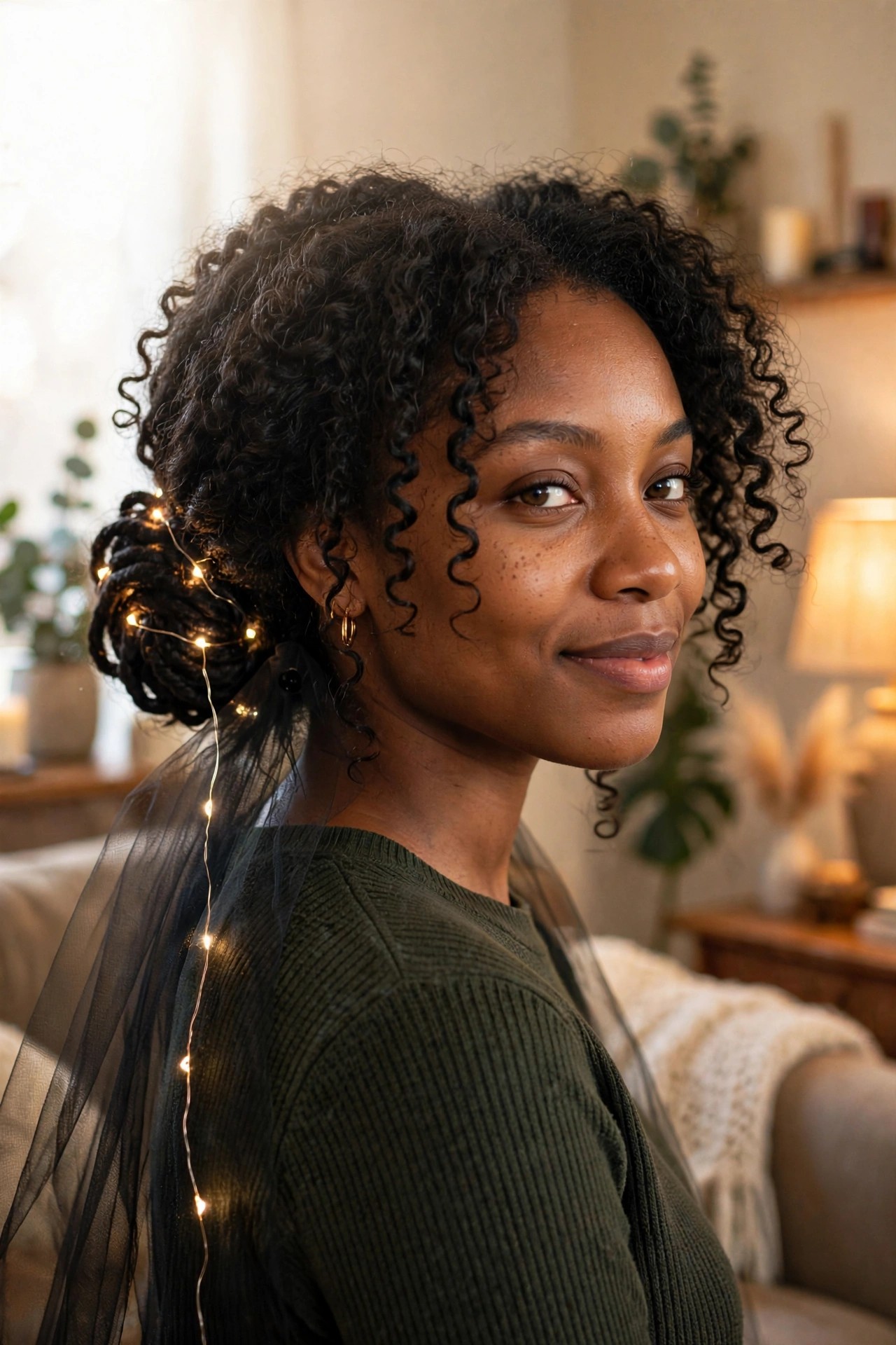Side view of a curly updo with string lights woven through and black tulle veil trailing down.