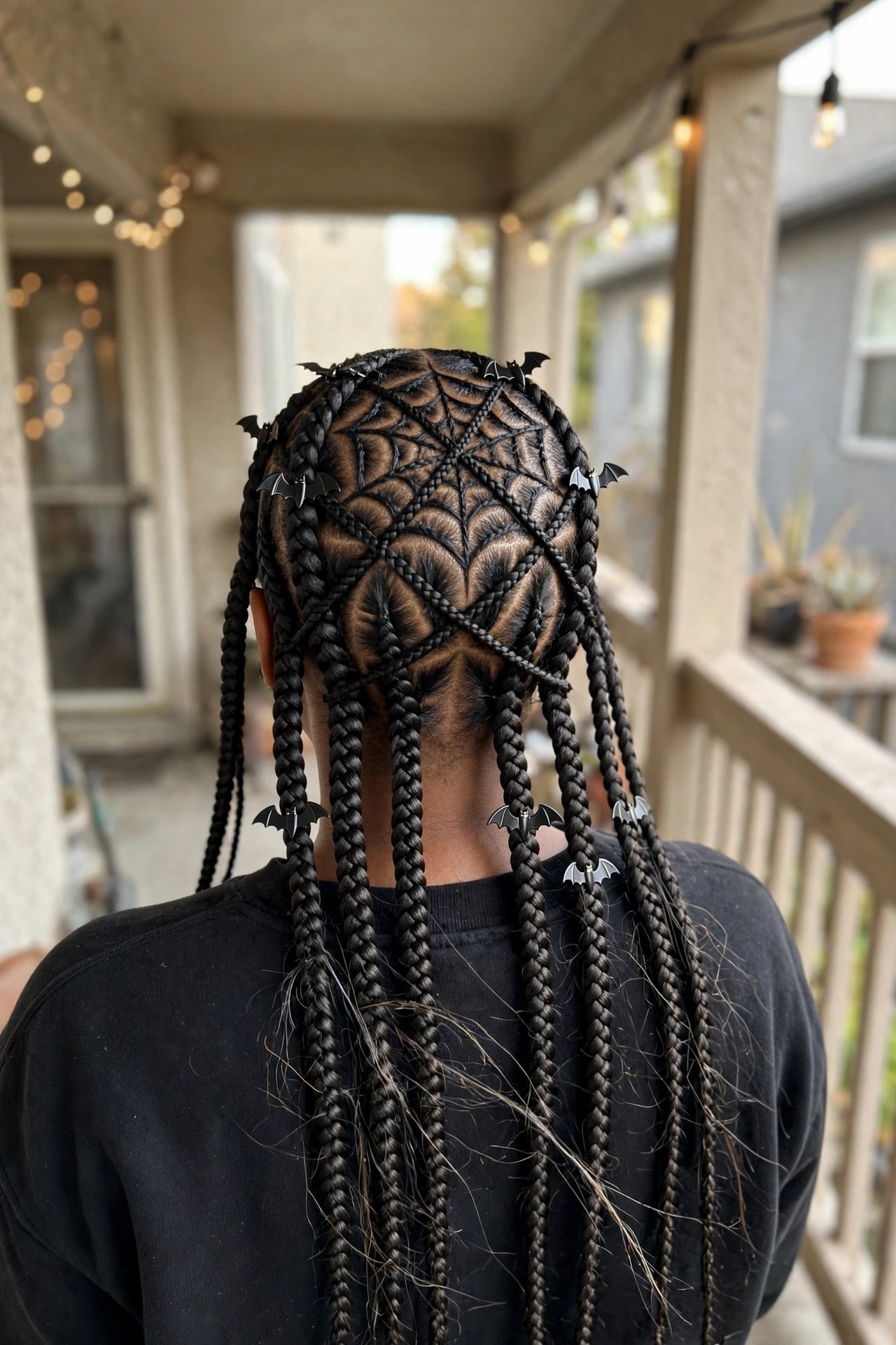 Back view of spiderweb cornrow braids with bat-shaped clips and long hanging braids.