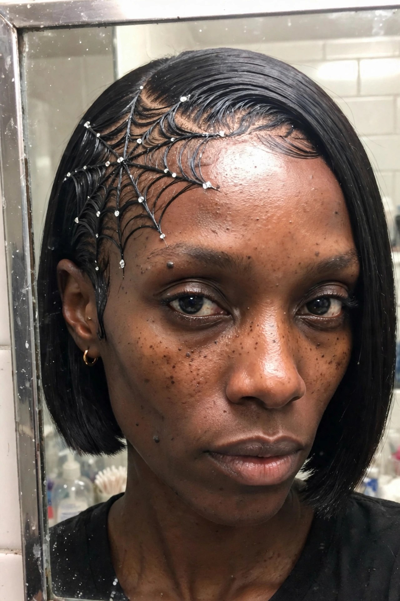 Close up of a short black bob with a black spiderweb design laid across the front hairline and small rhinestones placed along the web lines.