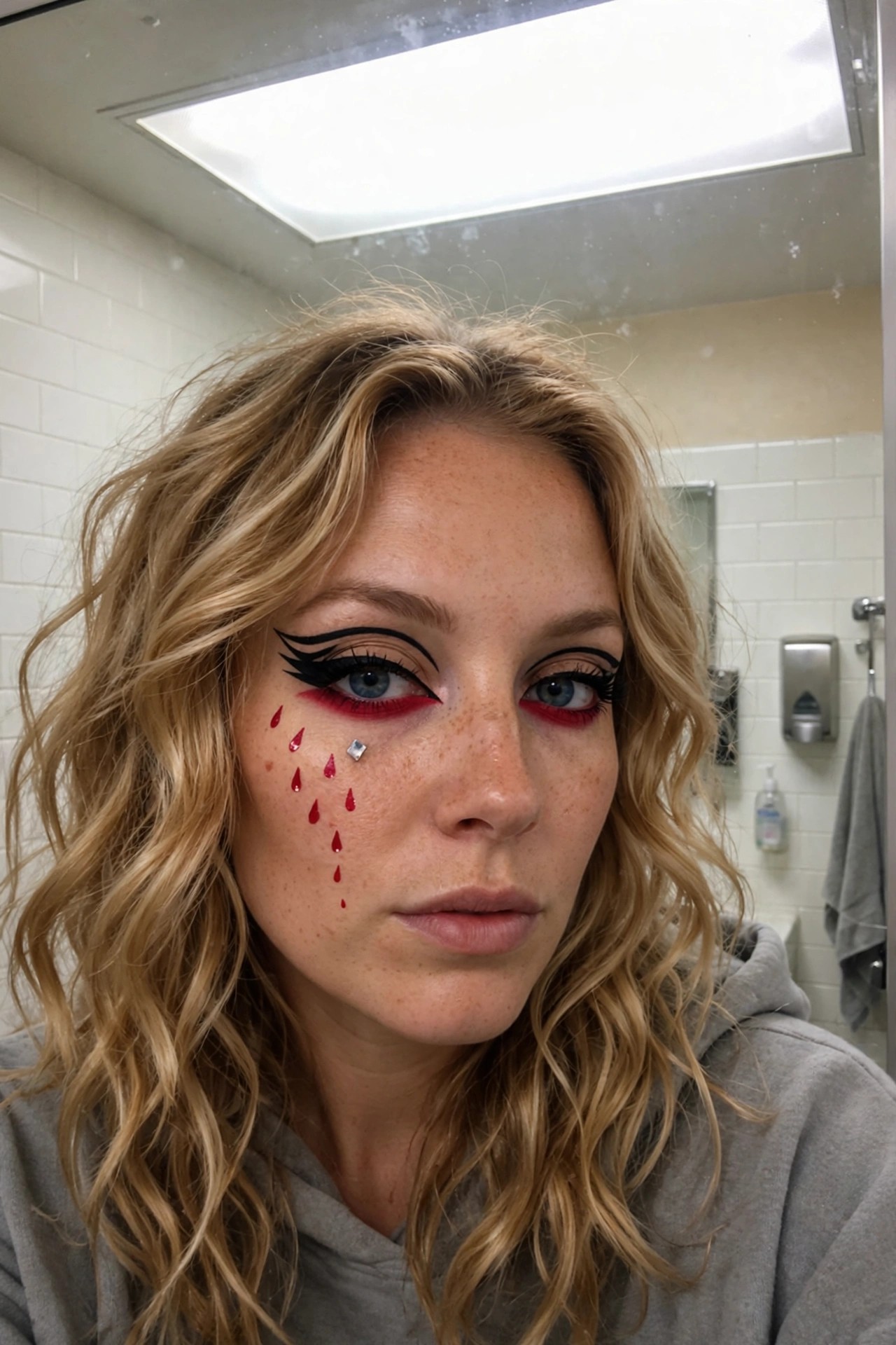 Close up of blonde woman wearing bold black graphic eyeliner with extended wings, red lower lash line, red teardrop shapes on the cheek, and a small clear gem near the eye.