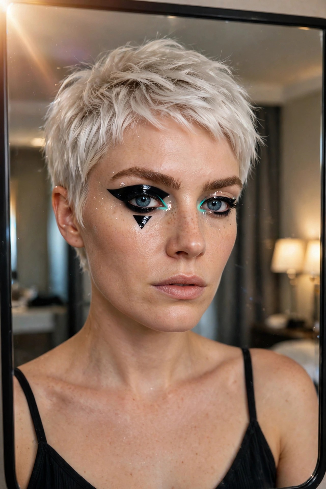 Close-up of graphic black eyeliner with extended wings, a solid black triangle accent below one eye, teal inner corner details, and scattered glitter dots on pale skin with short platinum hair.