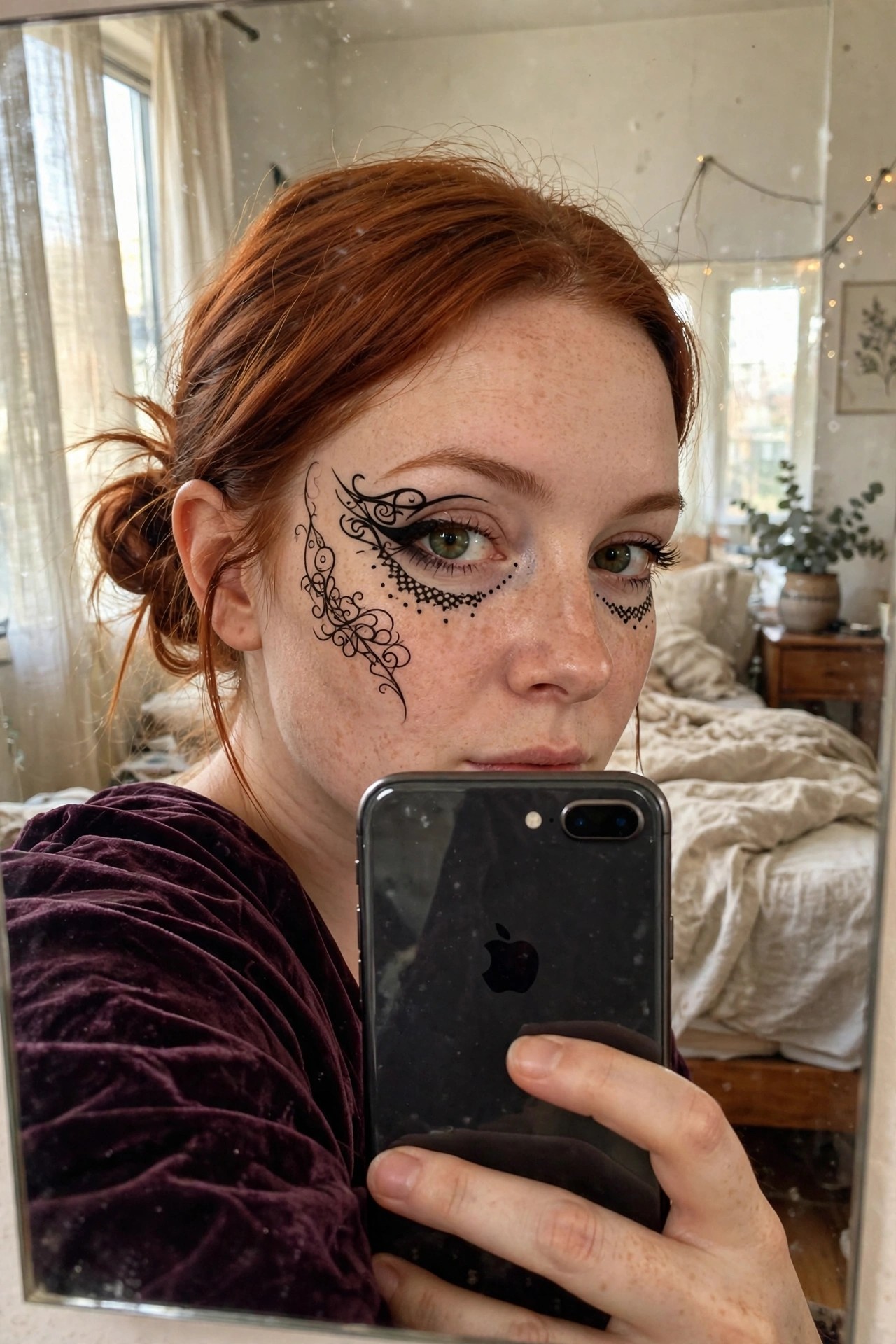 Close up mirror selfie of a woman with red hair in a bun wearing bold black graphic eyeliner with swirling flourishes and dotted patterns extending onto one cheek.