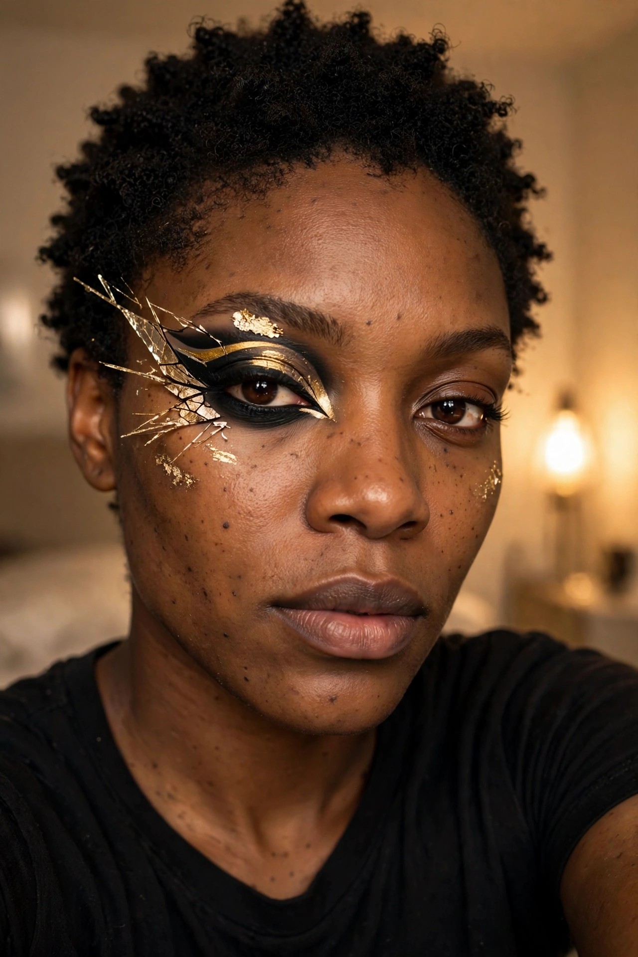 Close up of bold black and gold graphic eyeliner with cracked gold foil extending from the eye across the cheek.