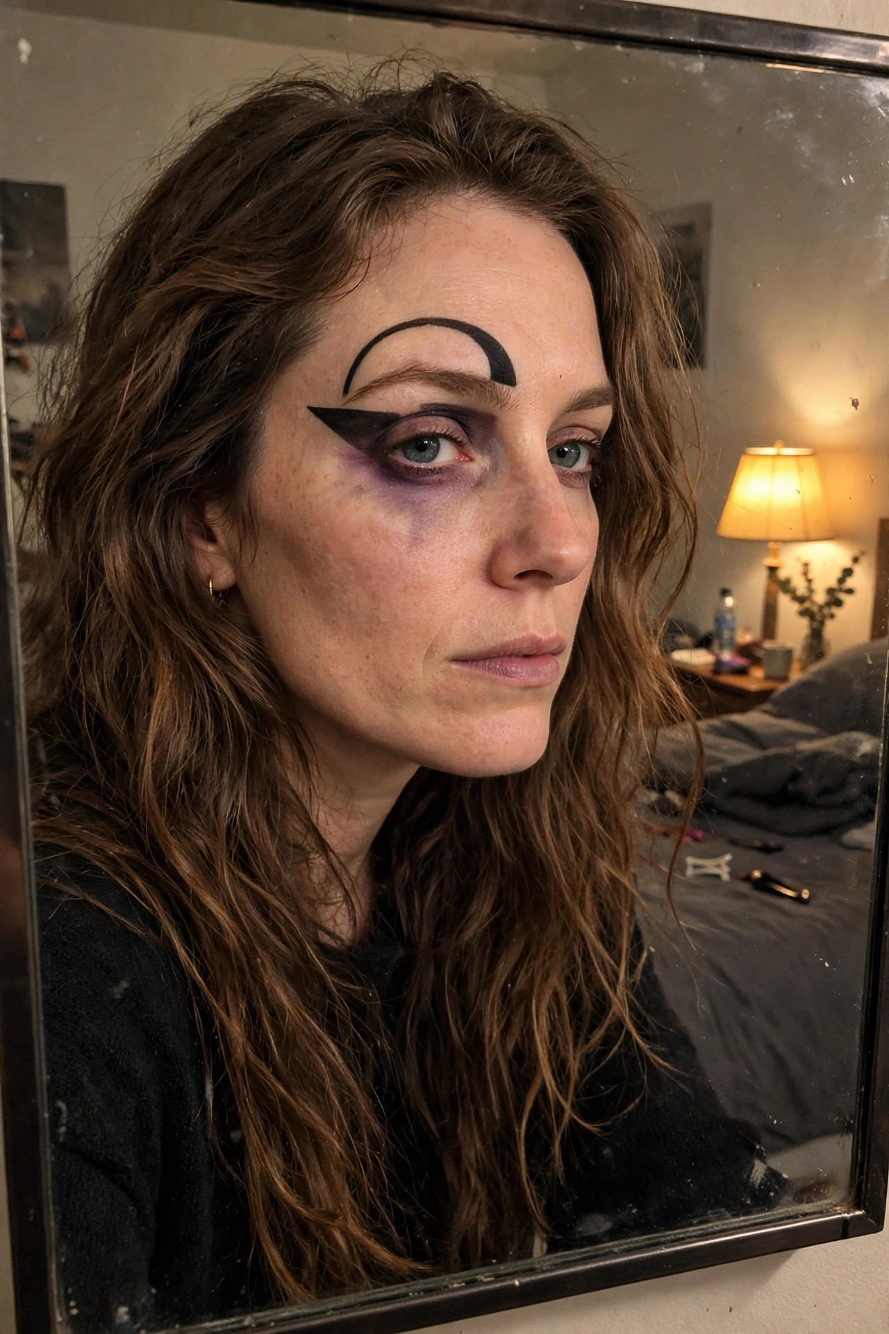 Close up of a woman with brown hair wearing bold black graphic eyeliner featuring a thick wing and a crescent moon shape above the eyebrow along with dark purple smoky eyeshadow.