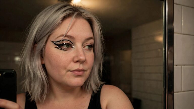 18+ Bold Halloween Makeup Ideas Featuring Graphic Eyeliner Close up of graphic black winged eyeliner with silver rhinestones placed along the upper and lower lash lines on light skin with green eyes.