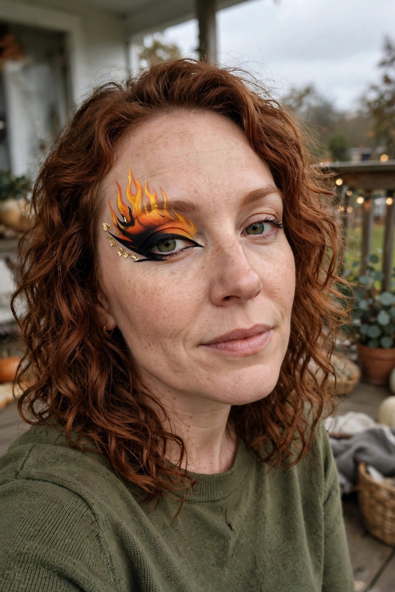 Close up of flame shaped graphic eyeliner in orange yellow and black with gold glitter accents on one eye.