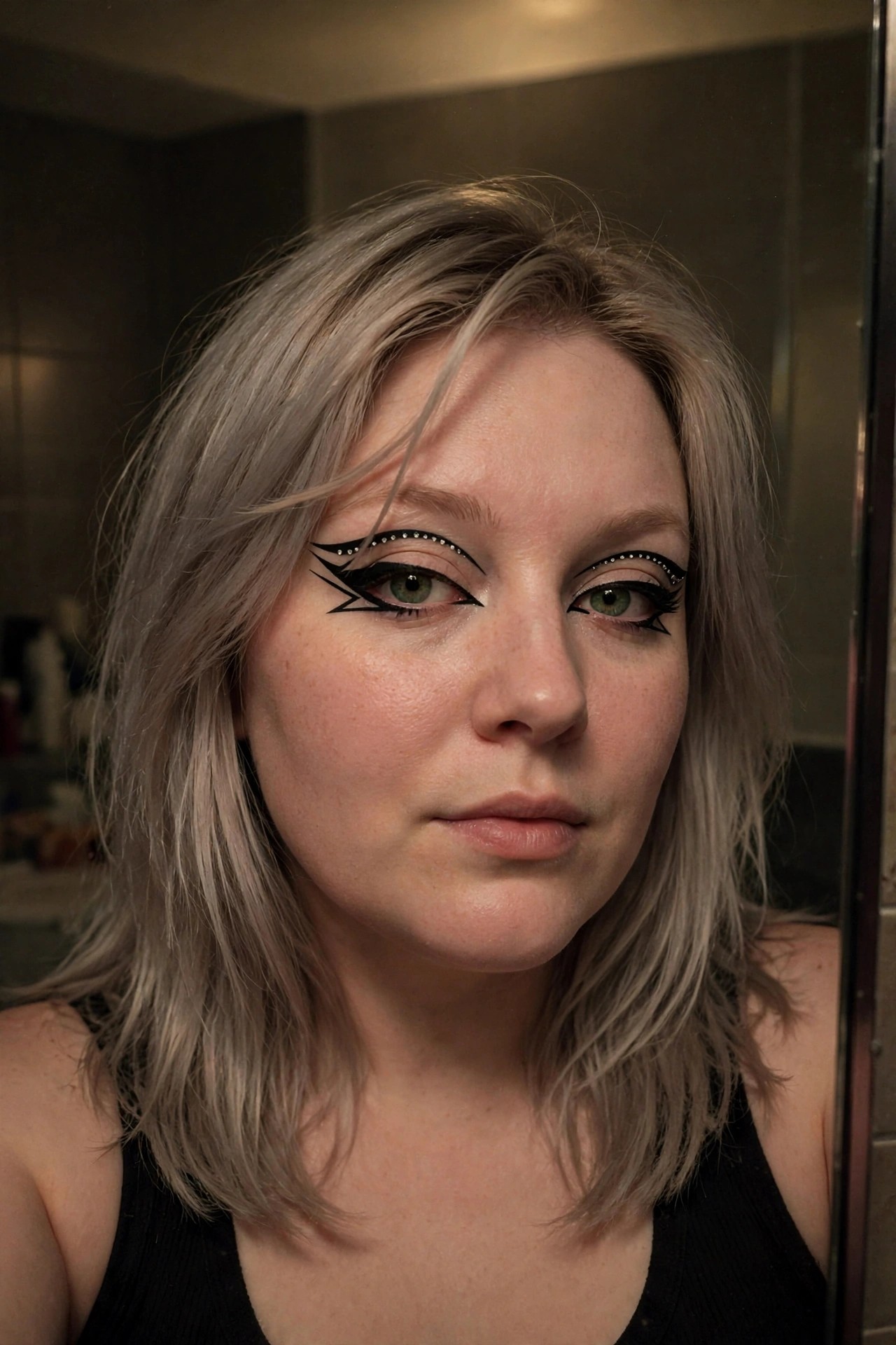 Close up of graphic black winged eyeliner with silver rhinestones placed along the upper and lower lash lines on light skin with green eyes.