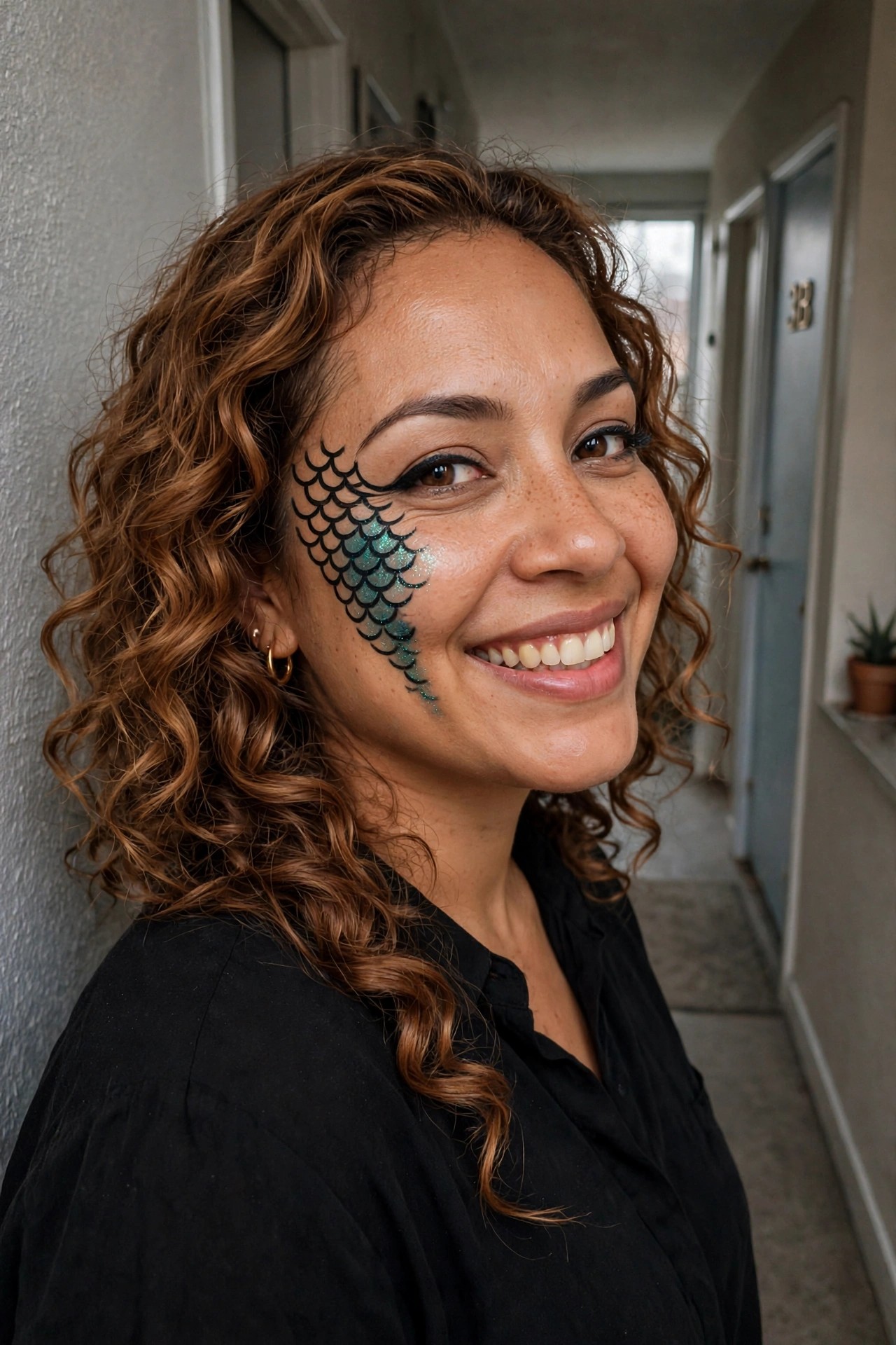 Close up of a woman with curly brown hair wearing black graphic eyeliner shaped into overlapping scales filled with teal glitter extending down her cheek.