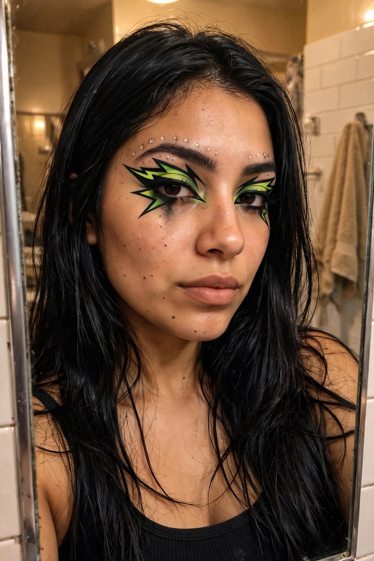 Close-up of bold black and neon green lightning bolt graphic eyeliner with star rhinestones above the brows.