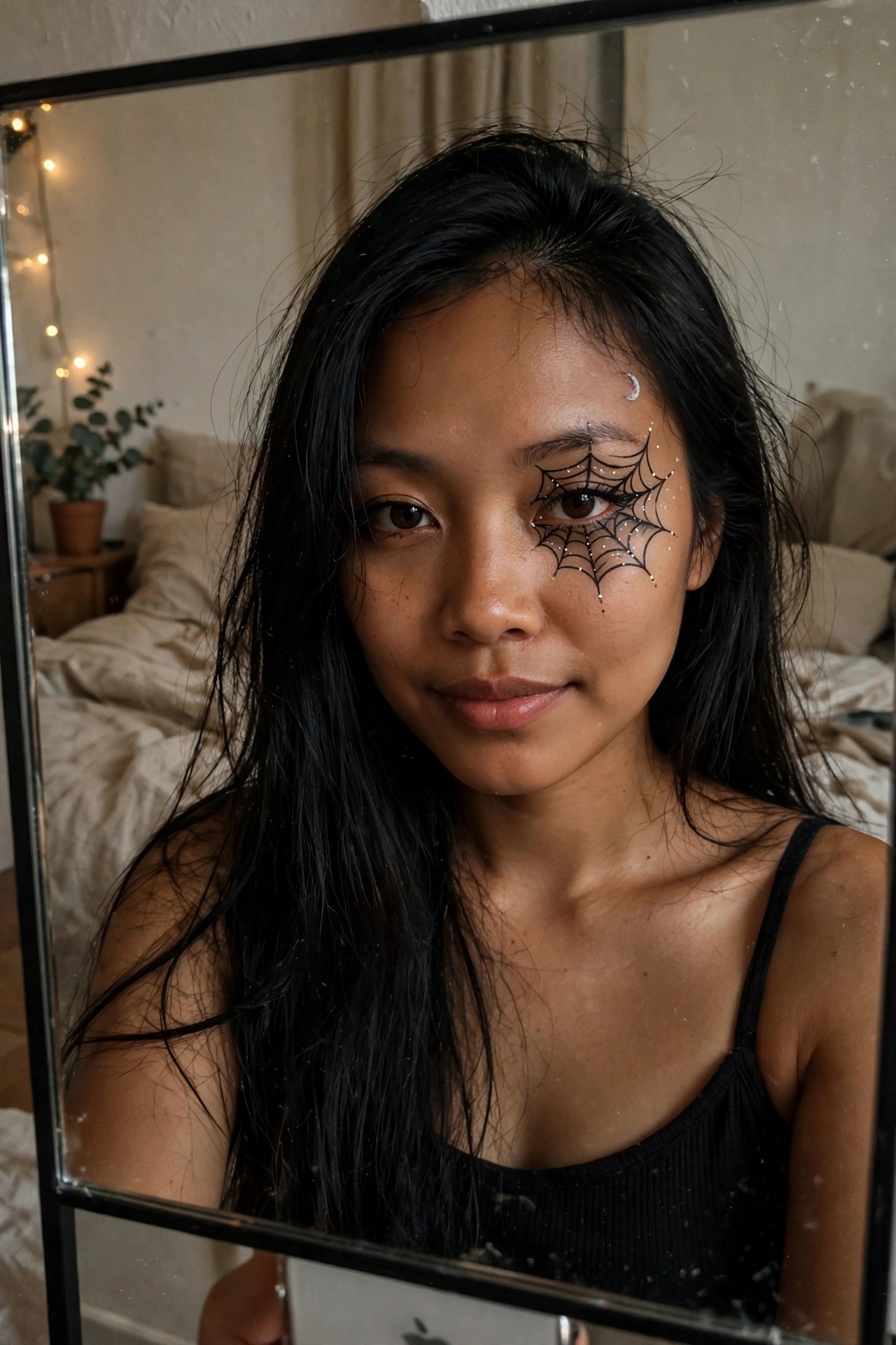 Close mirror selfie showing spiderweb graphic eyeliner on the right eye with white dots and a small crescent moon above the eyebrow.