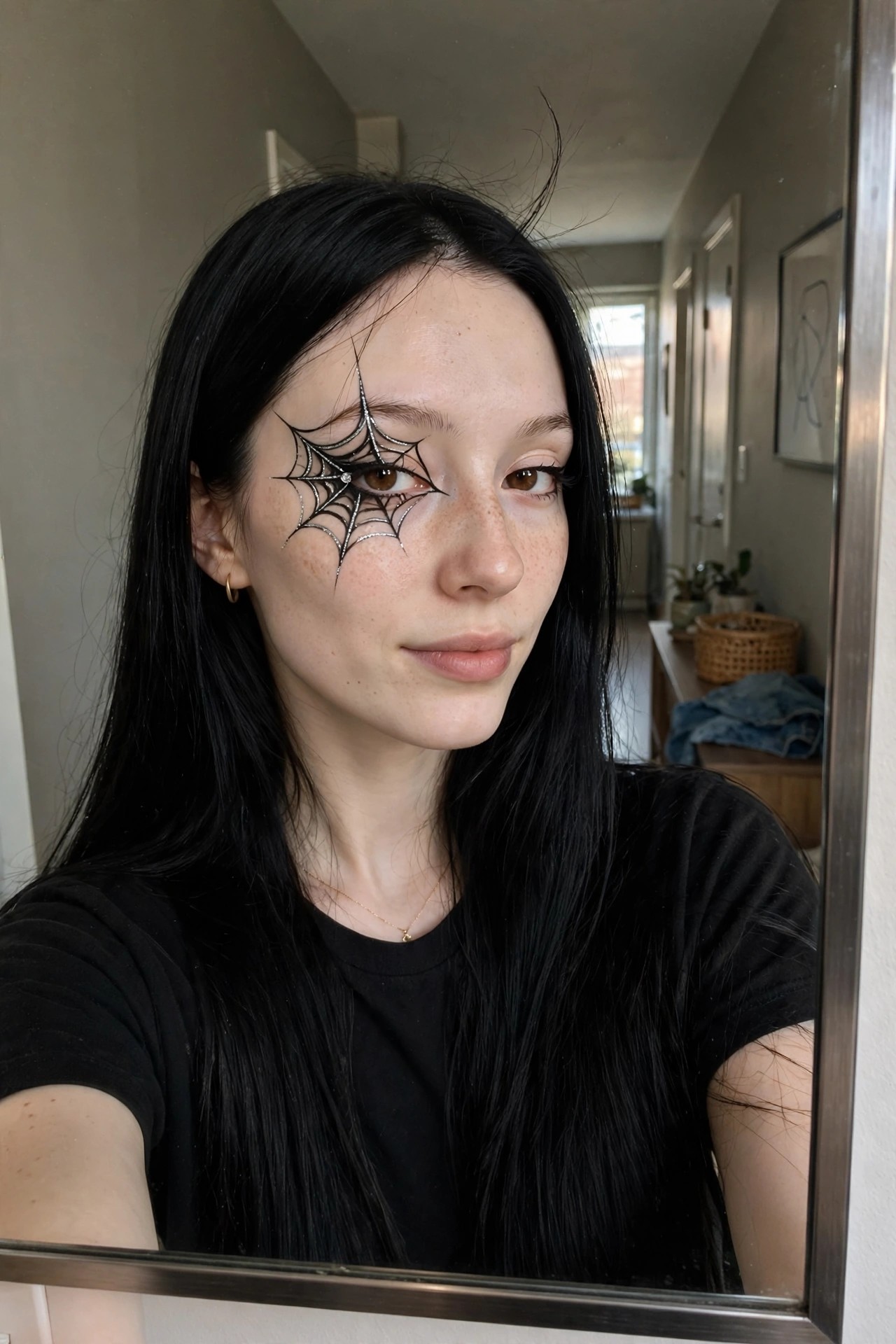 Close up of spiderweb graphic eyeliner in black with silver glitter accents around one eye, small rhinestone detail at inner corner.