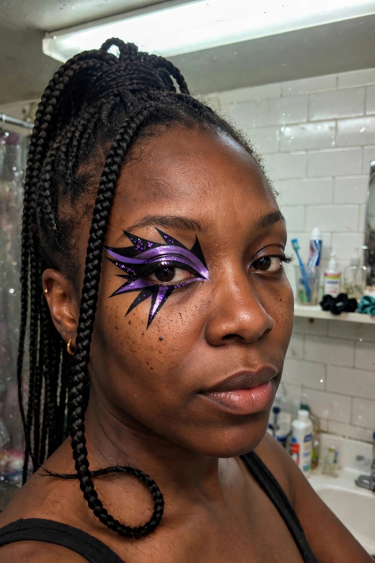 Close up of a woman wearing dramatic black and purple starburst graphic eyeliner with glitter on one eye.