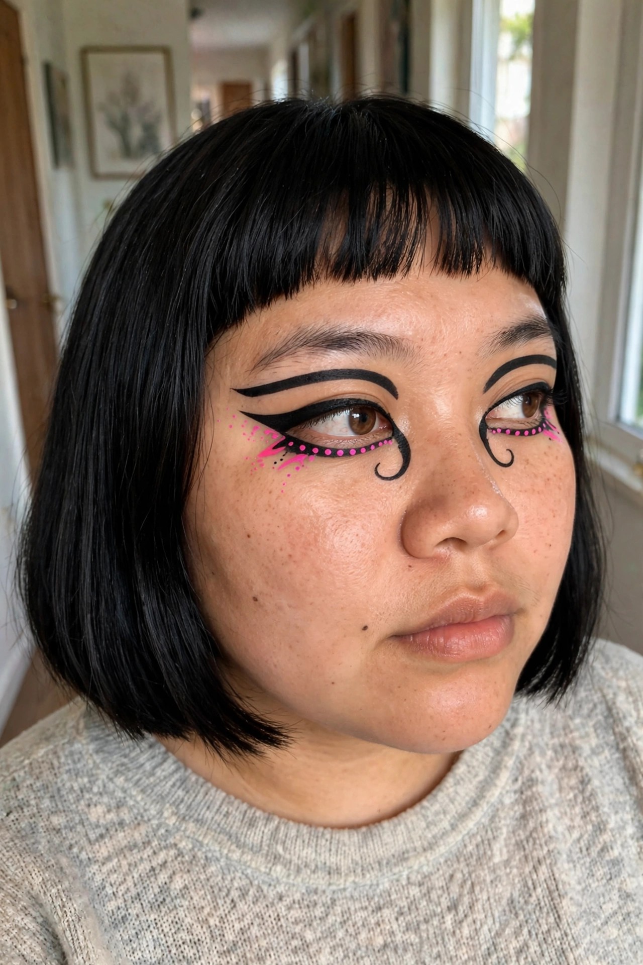 Close up of graphic eyeliner with black swirls, pink dotted lines, and pink splatter details around both eyes on short dark hair with bangs.