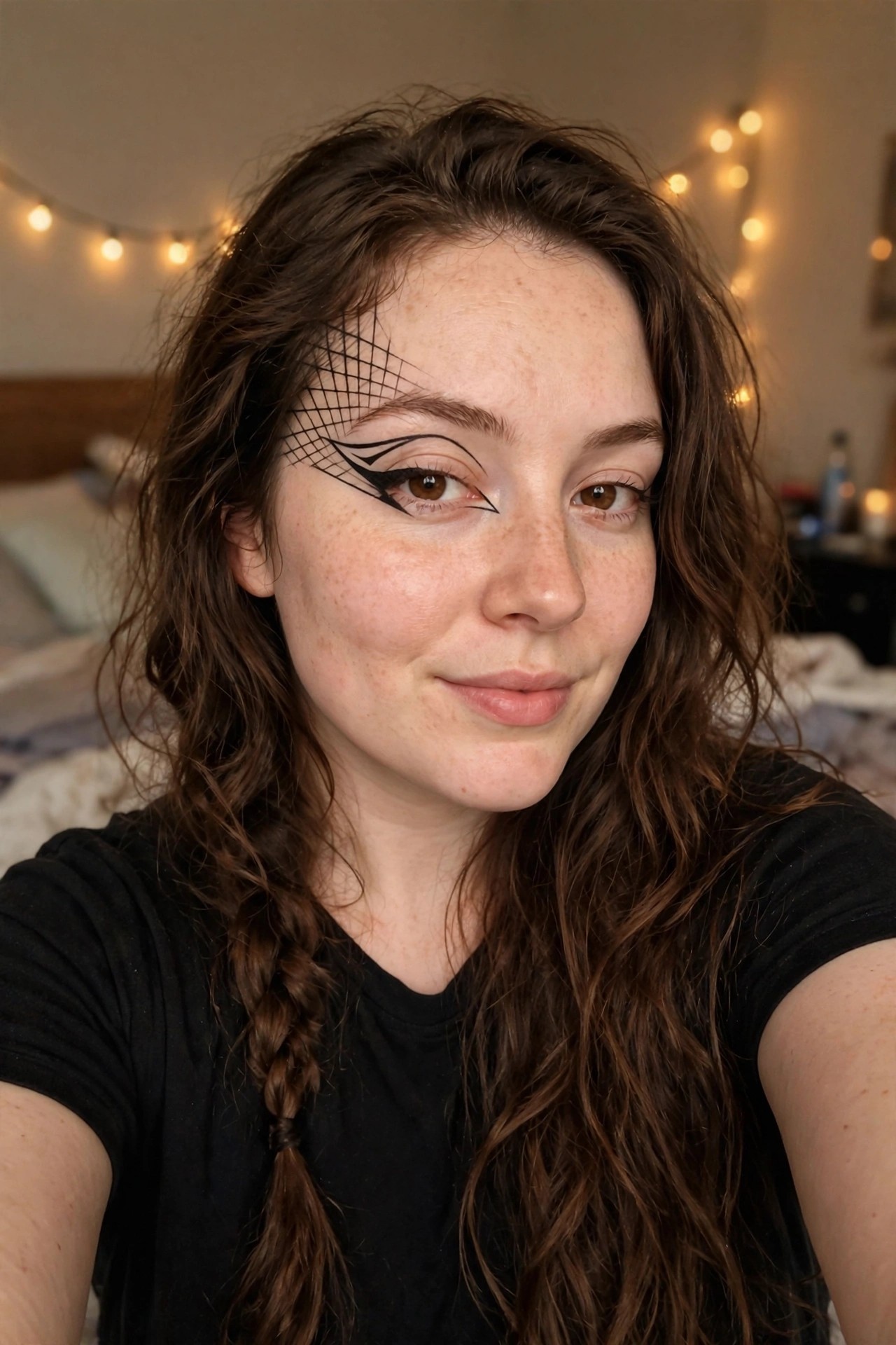 Close up of graphic black eyeliner with a web pattern extending from the outer corner of one eye on a woman with freckled skin and long brown hair.