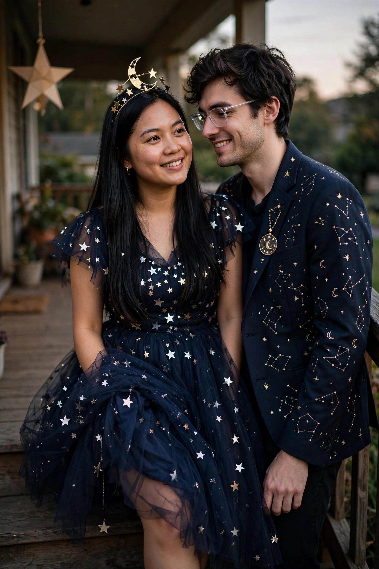 Woman in navy star patterned dress with moon headpiece and man in navy blazer with constellation embroidery and moon pendant standing close together on a porch.