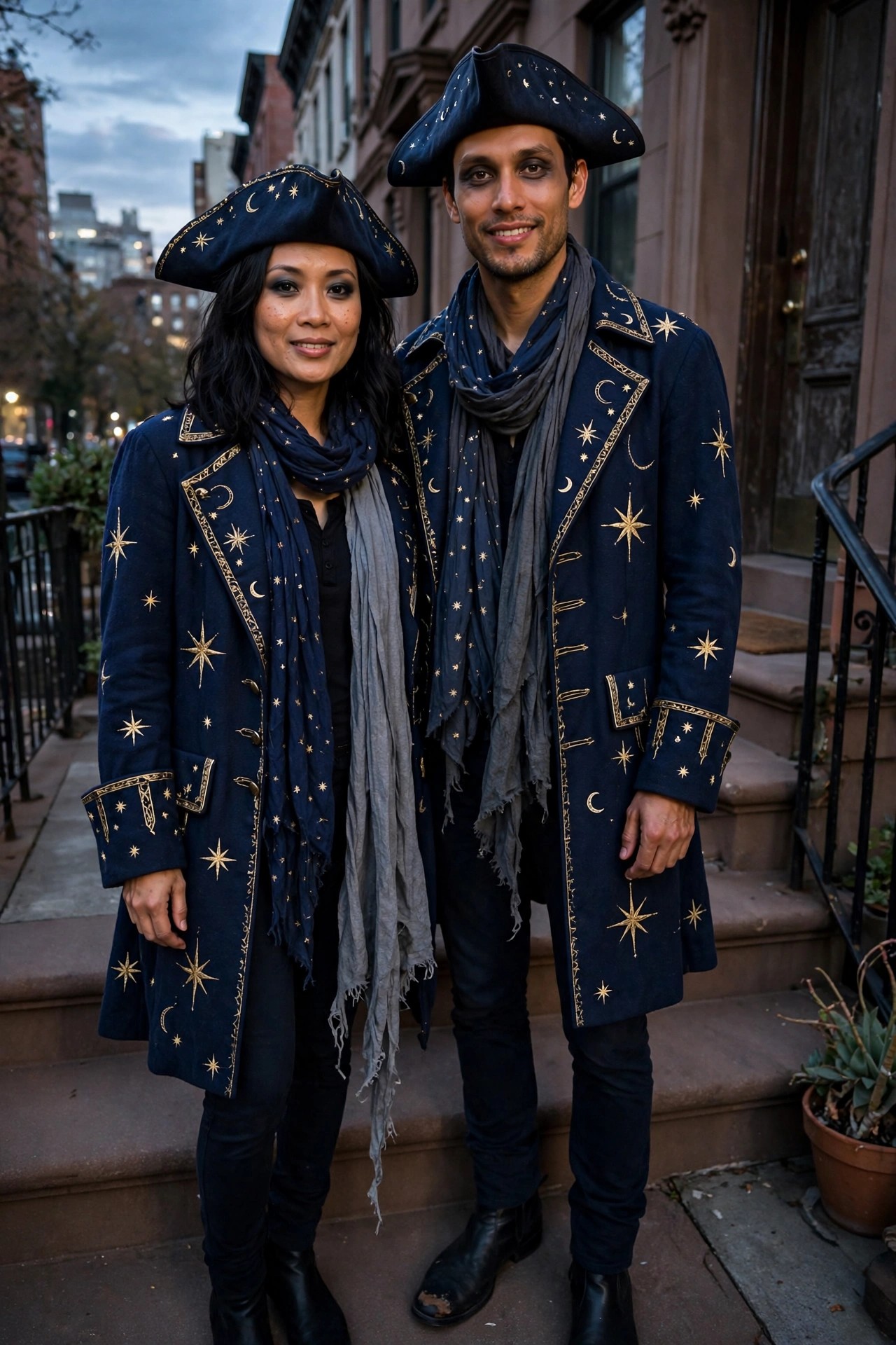 A couple wearing matching navy blue pirate coats embroidered with gold stars and moons, both in matching tricorn hats and gray scarves.