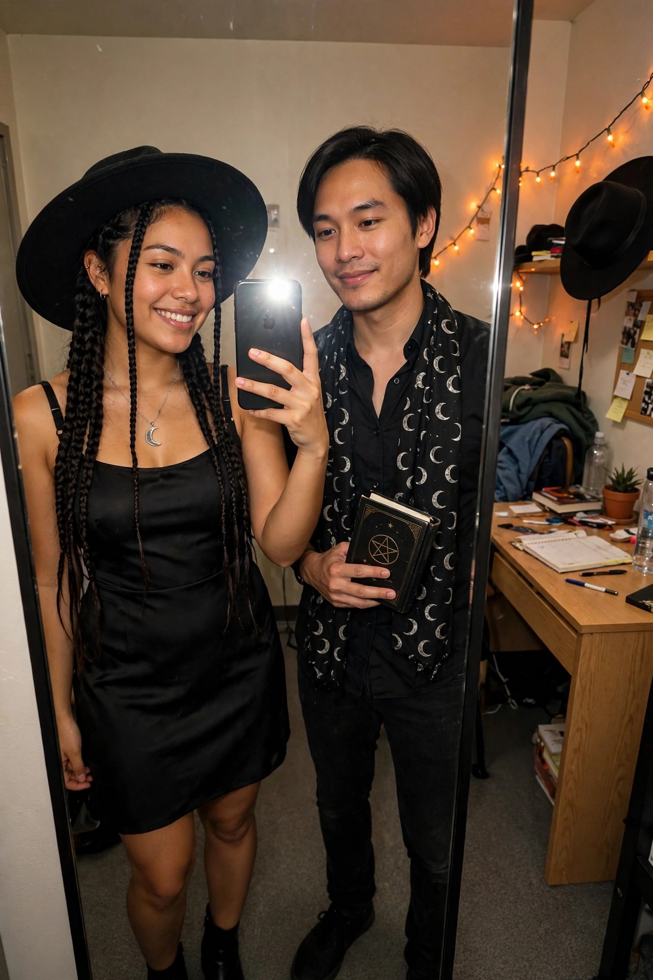 A young woman and man in black outfits pose for a mirror selfie. She wears a black dress and wide hat with a crescent moon necklace. He wears a black shirt with a moon phase scarf and holds a book featuring a pentagram on the cover.