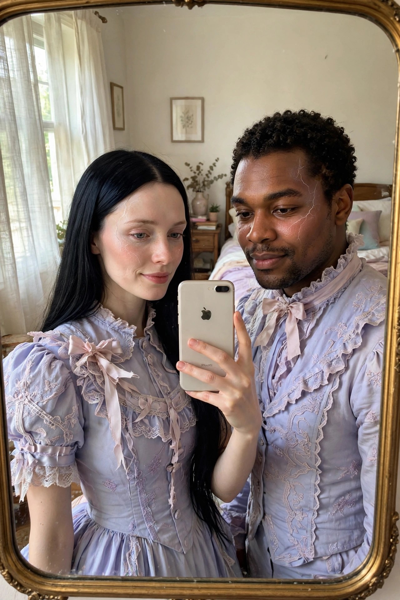 A couple in matching light purple Victorian style outfits with lace and bows taking a mirror selfie while wearing cracked porcelain doll face paint.