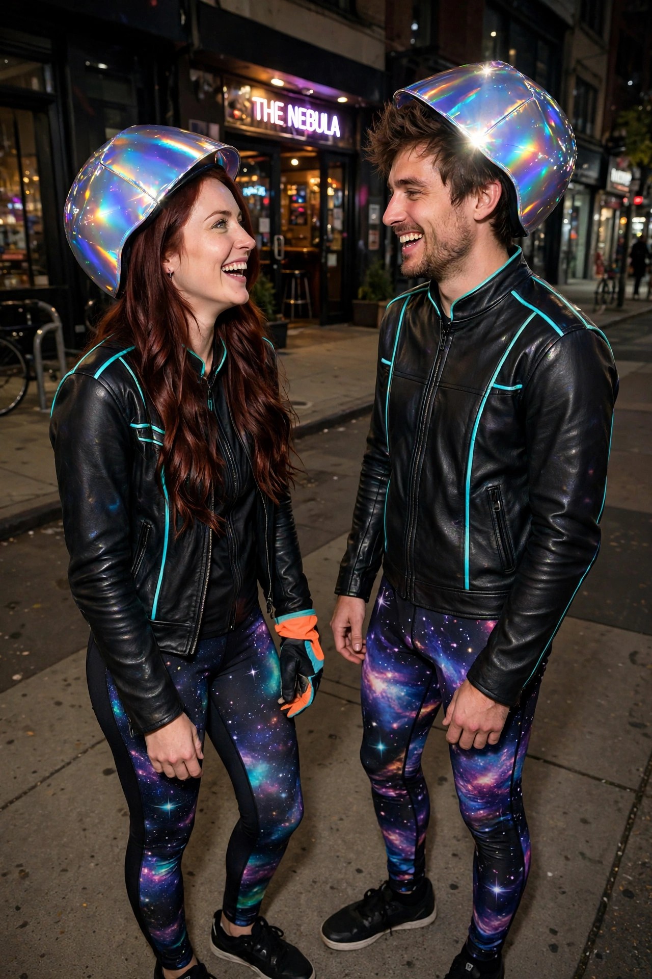 Couple wearing matching black leather jackets with turquoise trim, galaxy print leggings, and large shiny iridescent space helmets while standing on a city sidewalk at night.