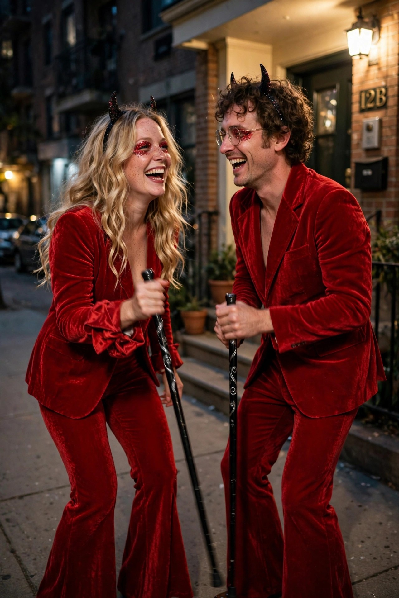 A couple wearing matching red velvet devil costumes with glitter horns, red glitter eye makeup, and matching devil canes on a city sidewalk at night.