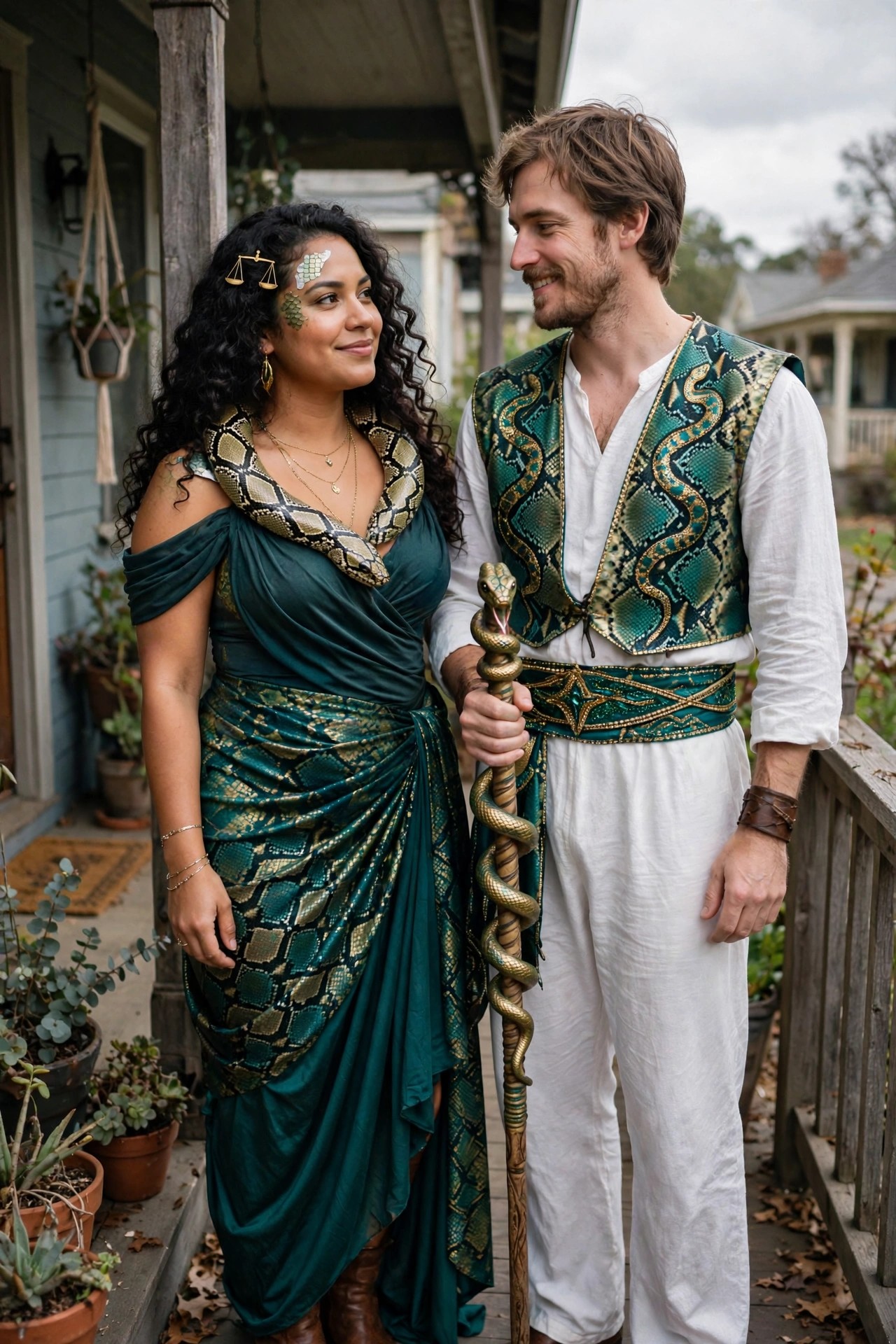 Couple wearing coordinated green and gold snake scale costumes with matching serpent accessories and a snake staff prop.