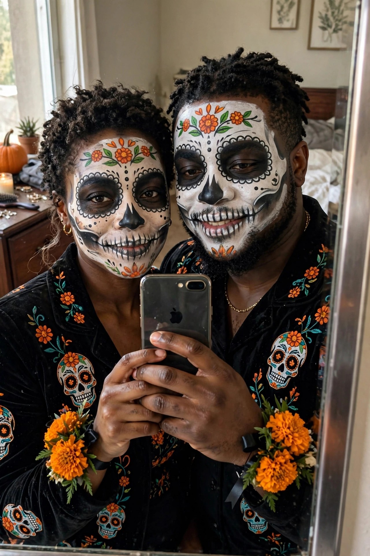 Couple wearing matching black velvet shirts with skull embroidery and orange marigold cuffs while showing coordinated sugar skull face paint in a mirror selfie.
