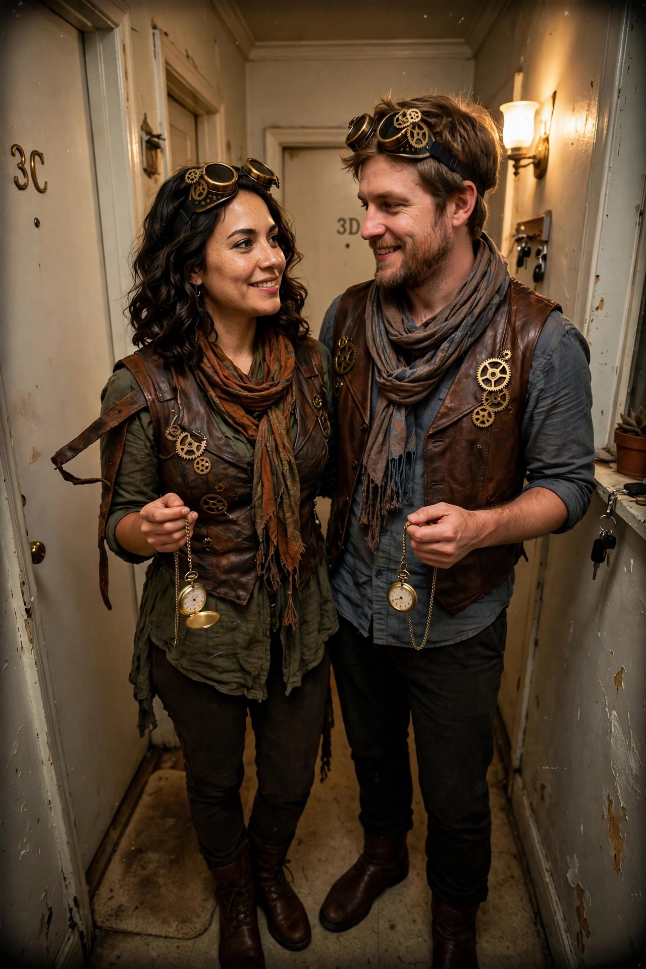 A couple wearing matching steampunk costumes with leather vests, scarves, goggles, brass gears, and pocket watches on chains.