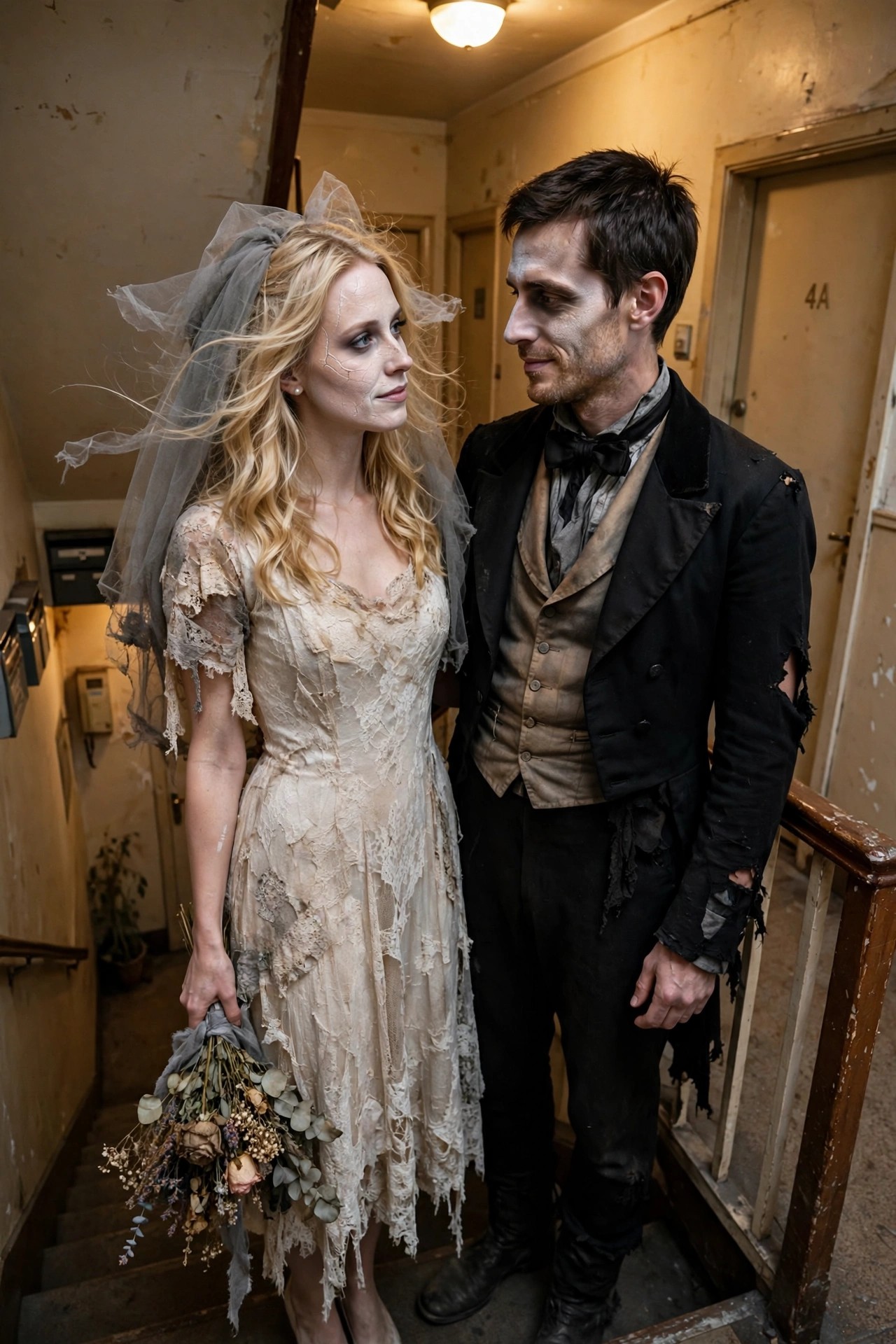 A blonde woman in a torn lace wedding dress with gray veil and a man in a ripped black suit with bow tie, both with cracked pale face makeup as a zombie bride and groom couple costume.