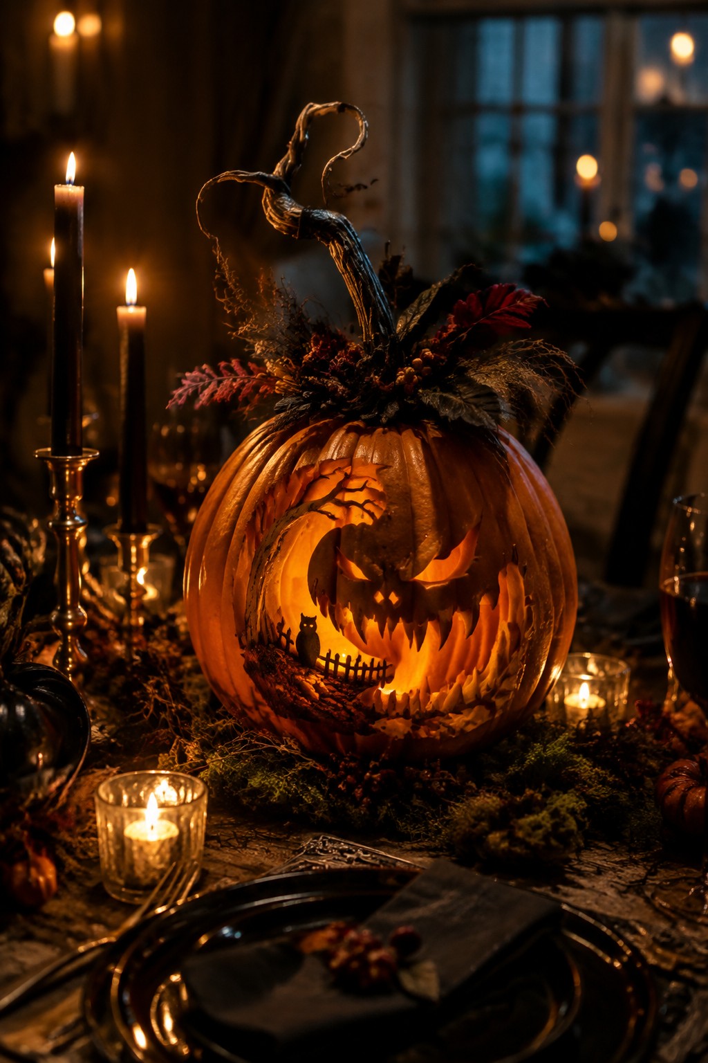A large carved jack o lantern with a graveyard scene sits on a moss covered dining table surrounded by black candles and autumn foliage.