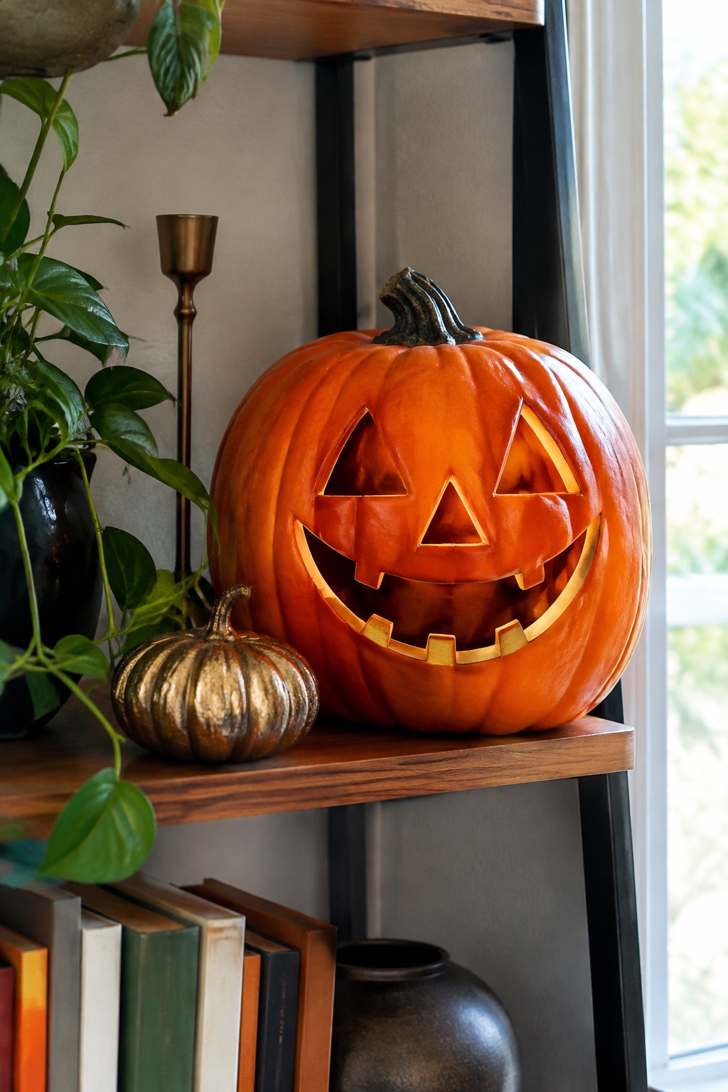 Large orange jack o lantern with a carved face glowing on a wooden shelf next to a small gold pumpkin and houseplants.