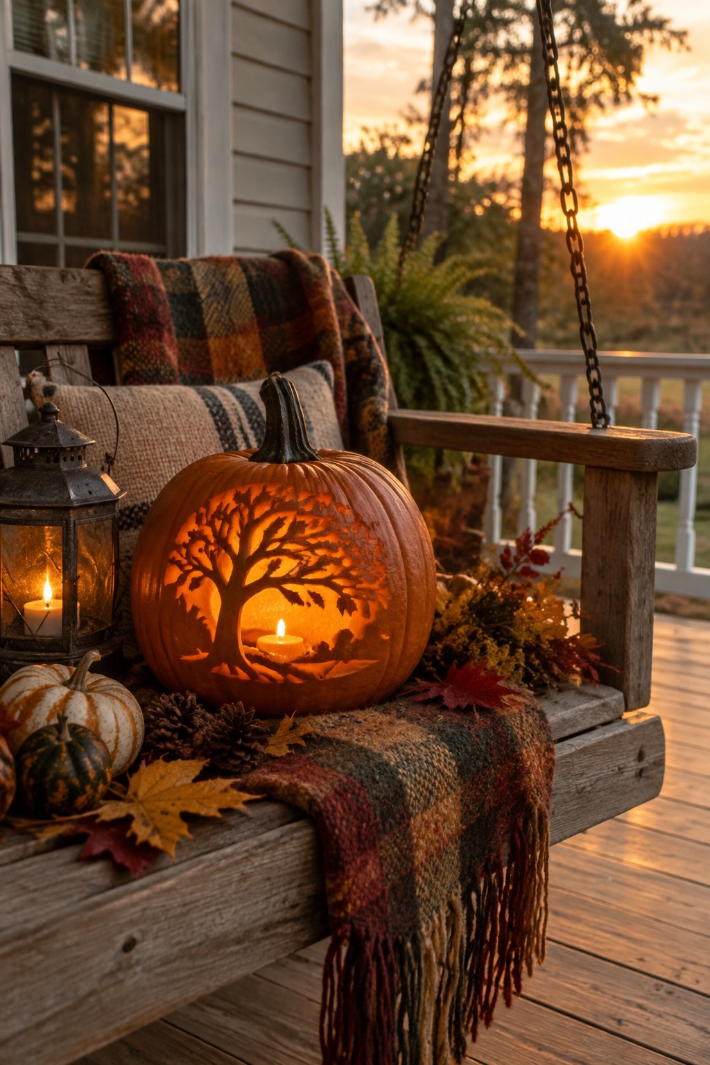 Jack o lantern with a tree silhouette carved into its side sitting on a wooden porch swing at sunset.