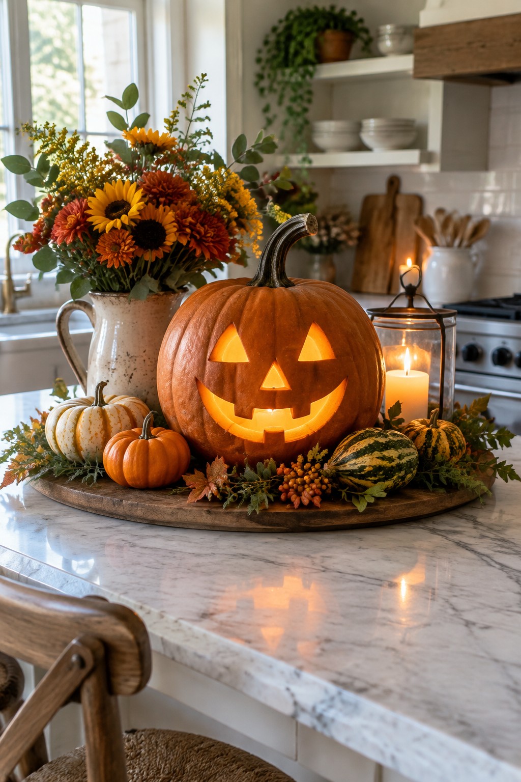 A large carved jack o lantern with a lit smiling face sits centered on a wooden tray on a marble kitchen island, surrounded by smaller pumpkins, gourds, and autumn flowers.
