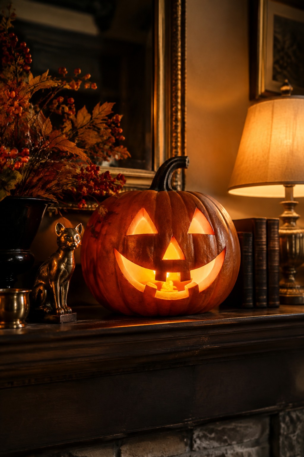 A glowing carved jack o lantern with a classic face sits centered on a dark wooden mantel next to a small bronze cat figurine.