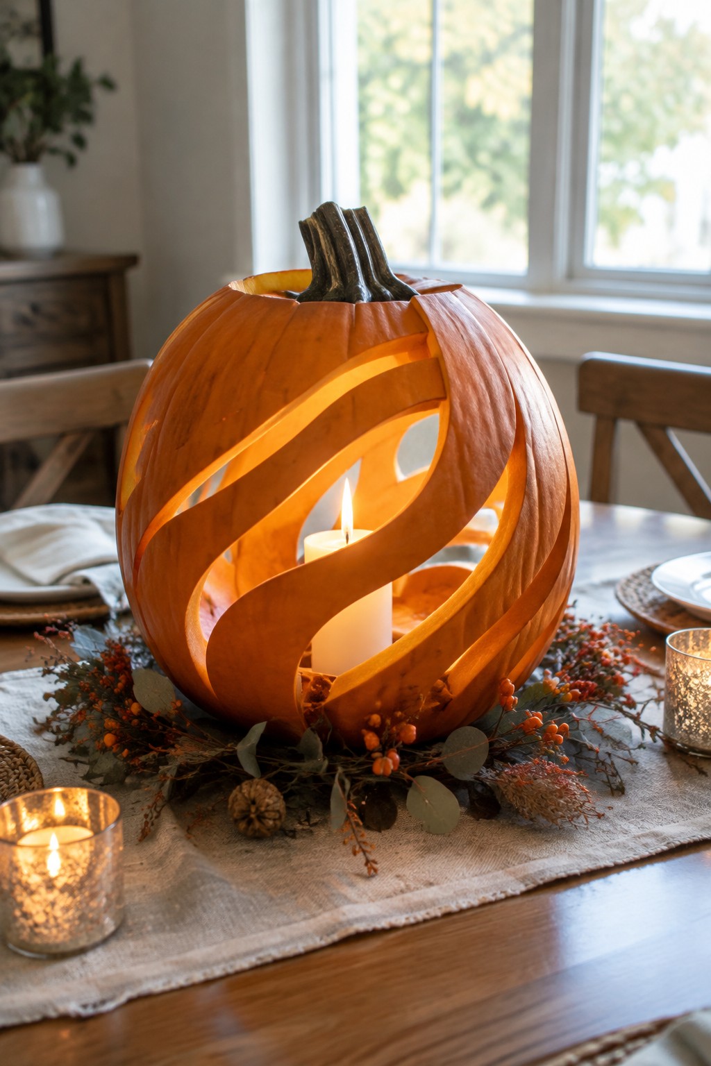 A large orange pumpkin with wide spiral carvings sits lit on a wooden dining table as a centerpiece with a candle inside.