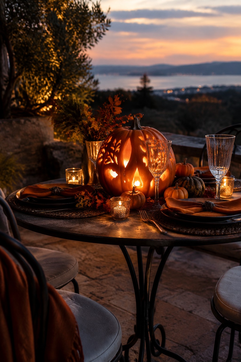 Autumn table with glowing carved pumpkin centerpiece overlooking lake at sunset