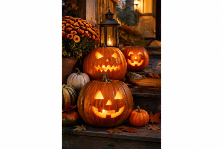 18 Creative Jack O’ Lantern Ideas That Stand Out Three carved jack o lanterns with glowing faces placed on wooden porch steps beside black lanterns and autumn leaves.