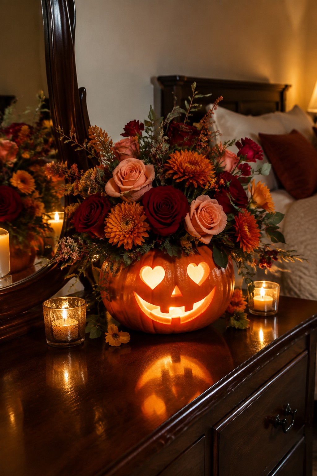 A carved jack o' lantern with heart-shaped eyes holding a bouquet of red and orange roses and chrysanthemums on a wooden dresser, surrounded by lit candles.