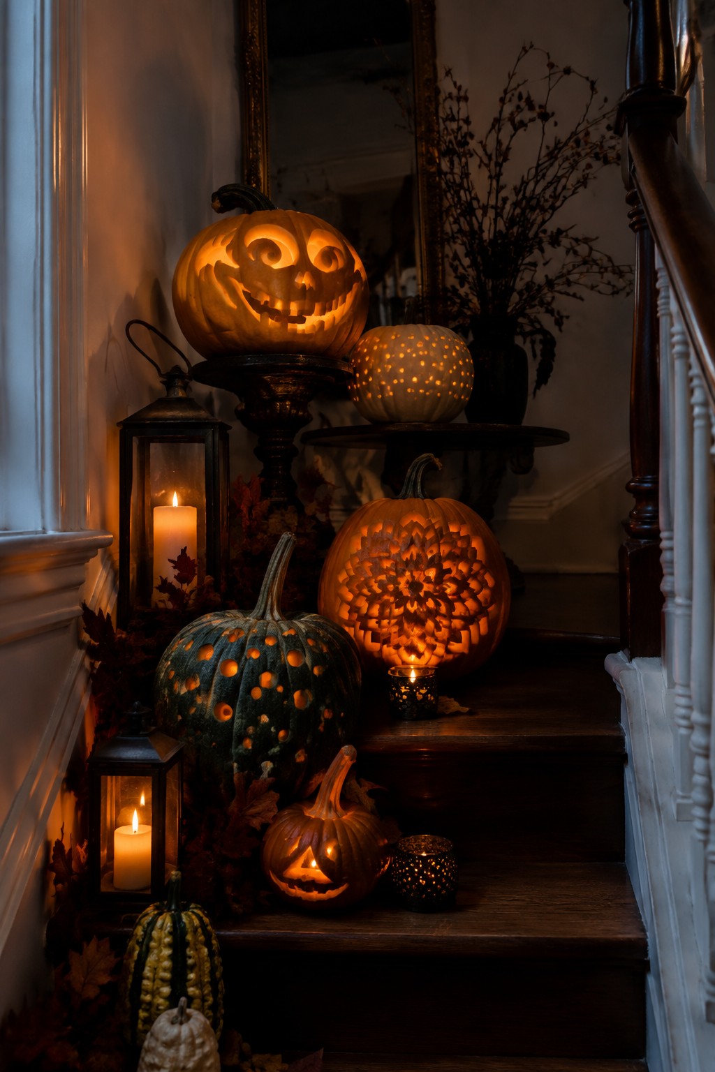 Glowing carved pumpkins and lit lanterns adorn a dark wooden staircase with fall leaves.