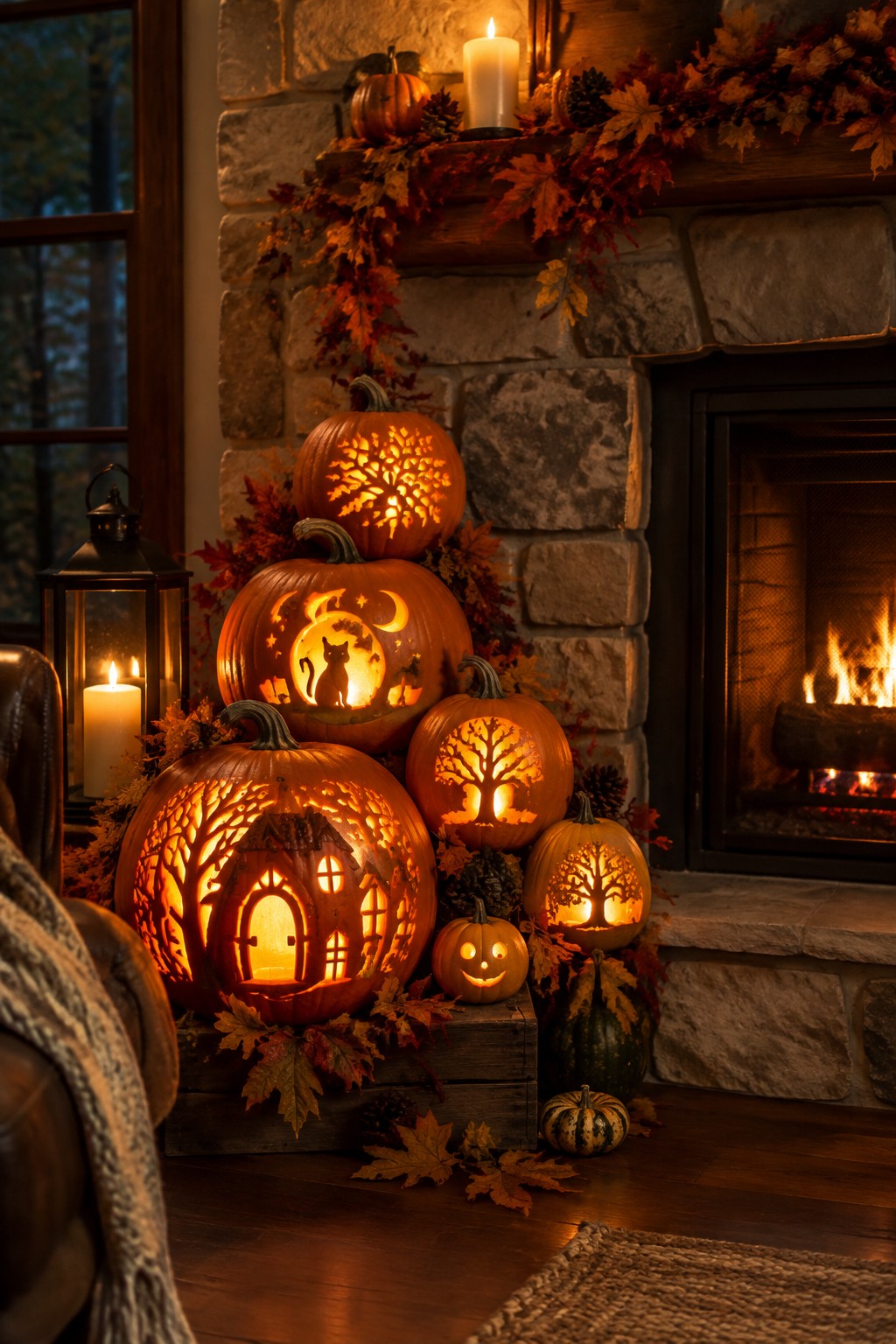 A stone fireplace hearth lined with several carved and lit jack o lanterns showing tree, cat, and house designs, plus a few small gourds and autumn leaves.