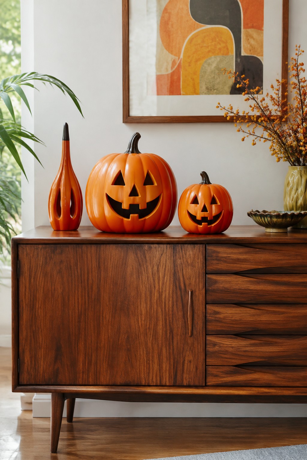 Wooden console table displaying three carved jack o' lanterns of varying sizes with an orange decorative vase beside them.