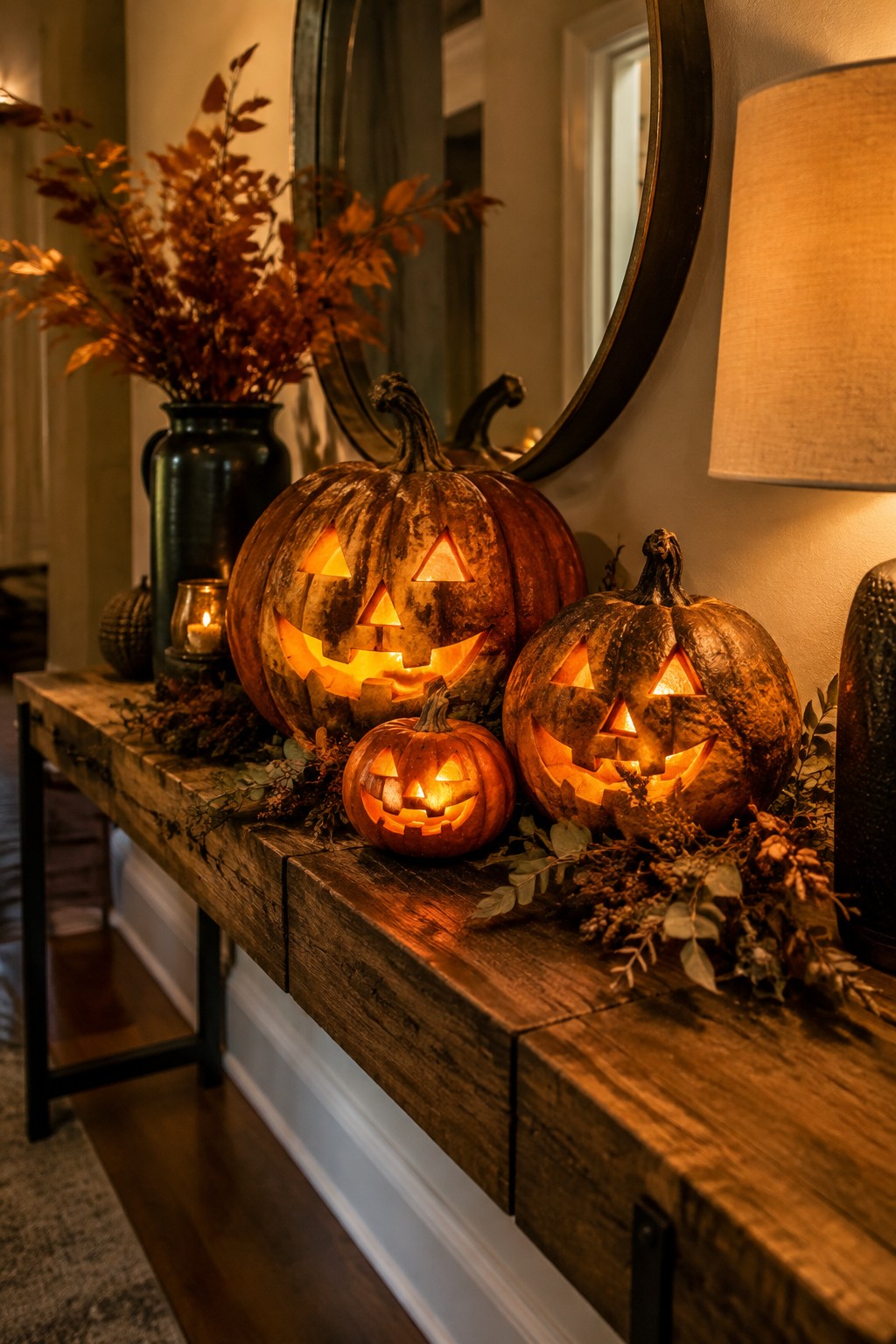 Three carved and lit jack o' lanterns of different sizes sit on a wooden console table in an entryway.