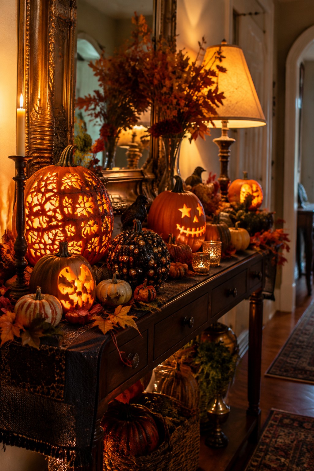 Carved glowing pumpkins, fall leaves, and candles on a dark wooden console table