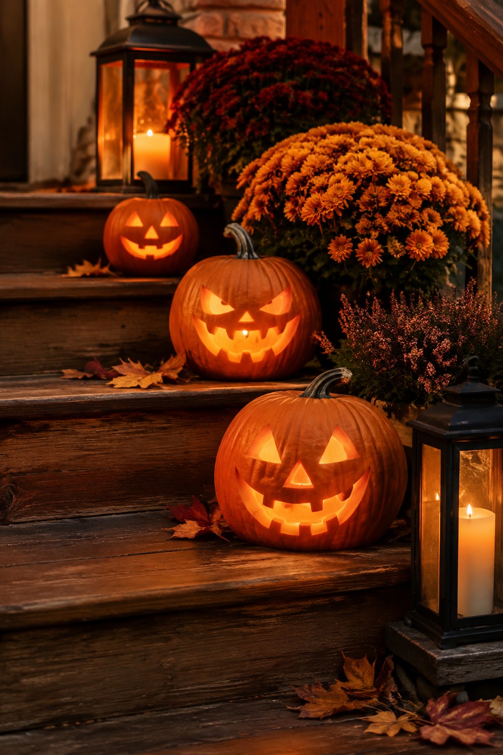Three carved jack o lanterns with glowing faces placed on wooden porch steps beside black lanterns and autumn leaves.